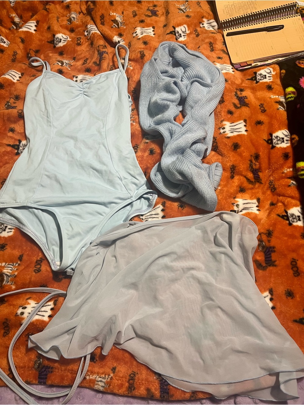 Bloch Light Blue Shrug and Matching Baltogs Leotard and Wrap Skirt